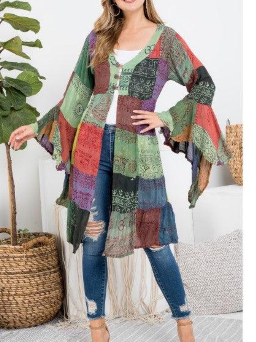 🌿 Kathmandu Imports Patchwork Ruffle Kimono M/L NWT Made in Nepal COTTON